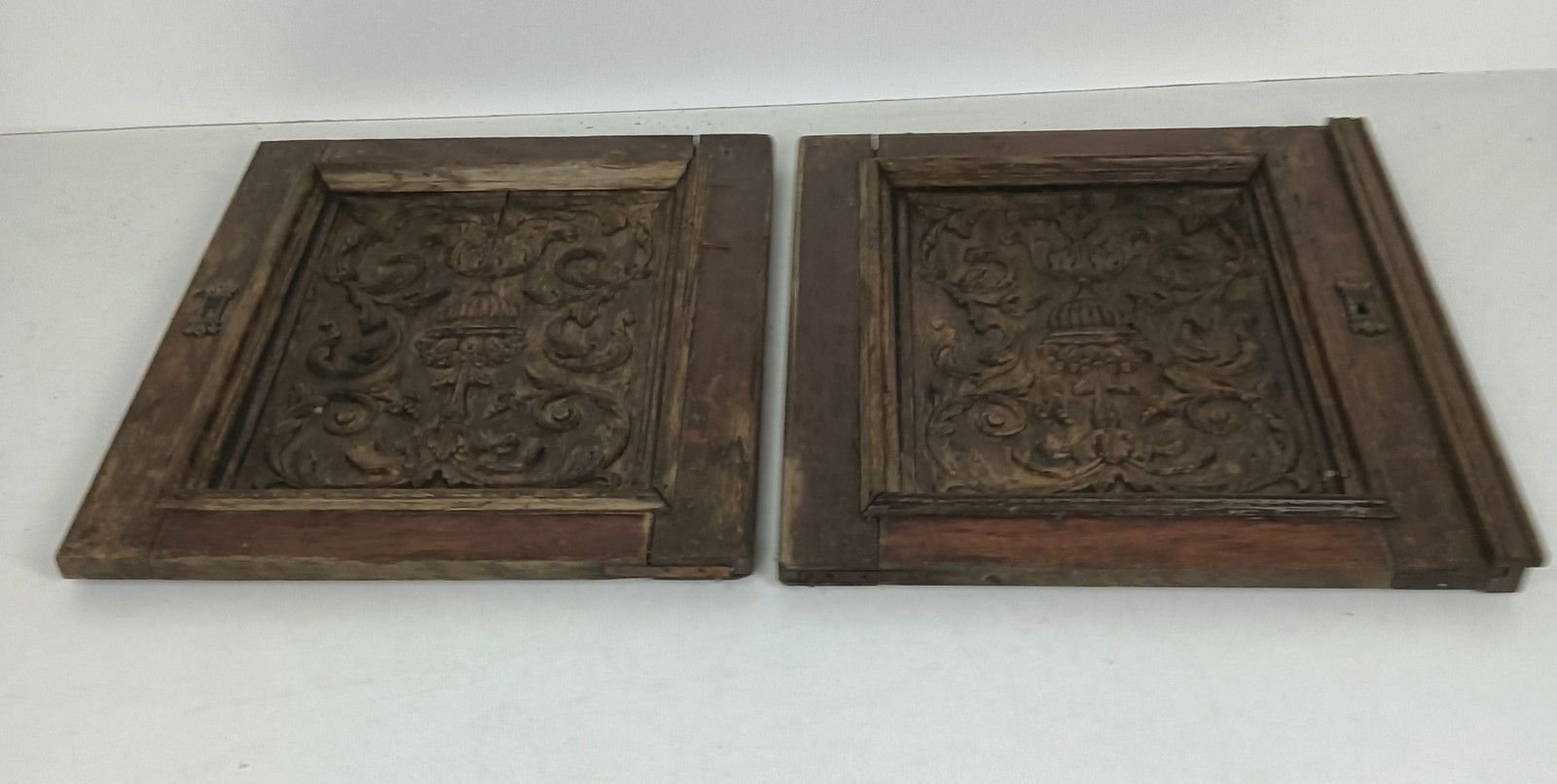 Pair Door Panels Carved Wood Flowers Baskets Architectural Reclaimed Salvaged An photo vinterior