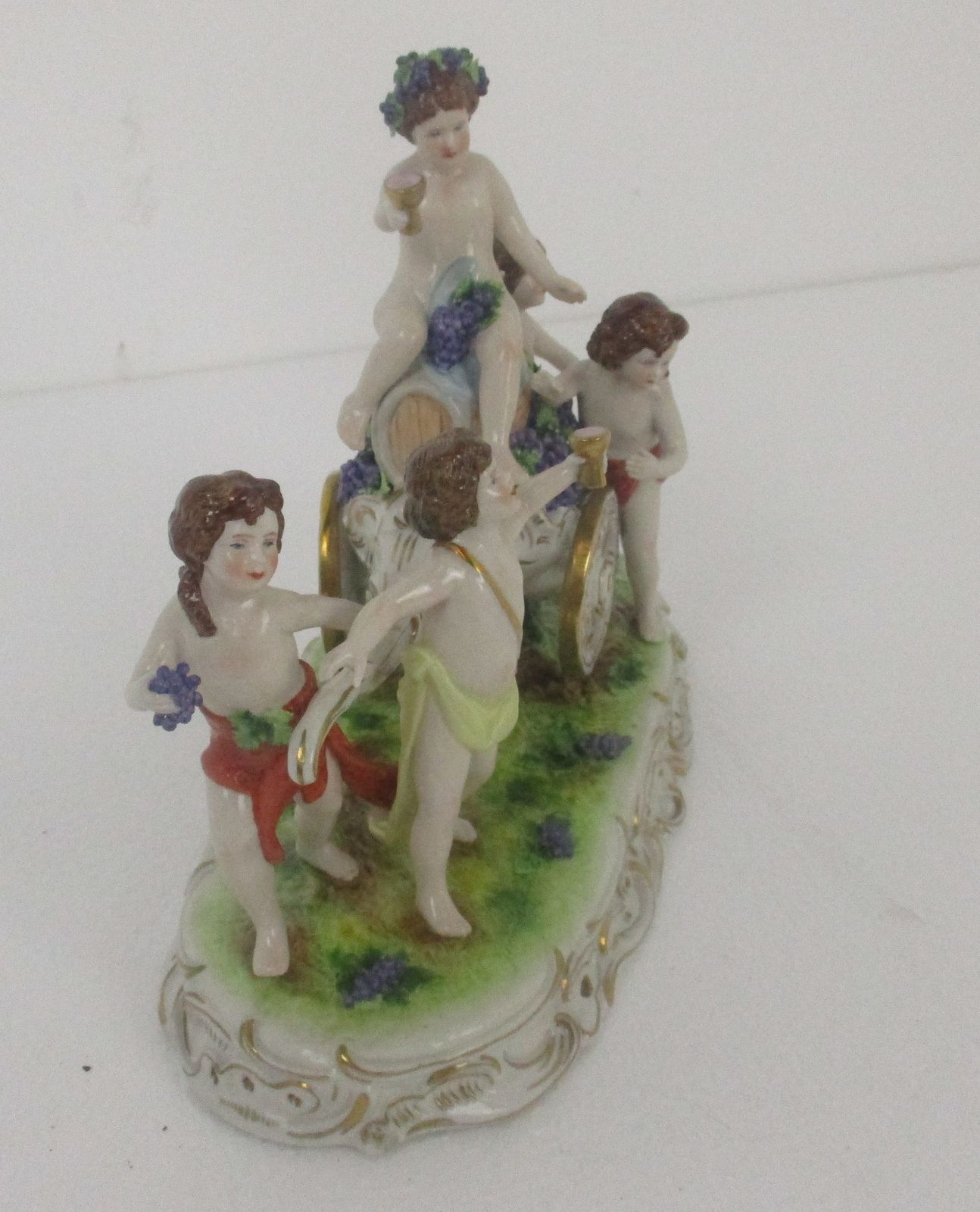 German Porcelain Statue Figurine Bacchus Putti Grapes Carriage Stunning Marked S photo vinterior