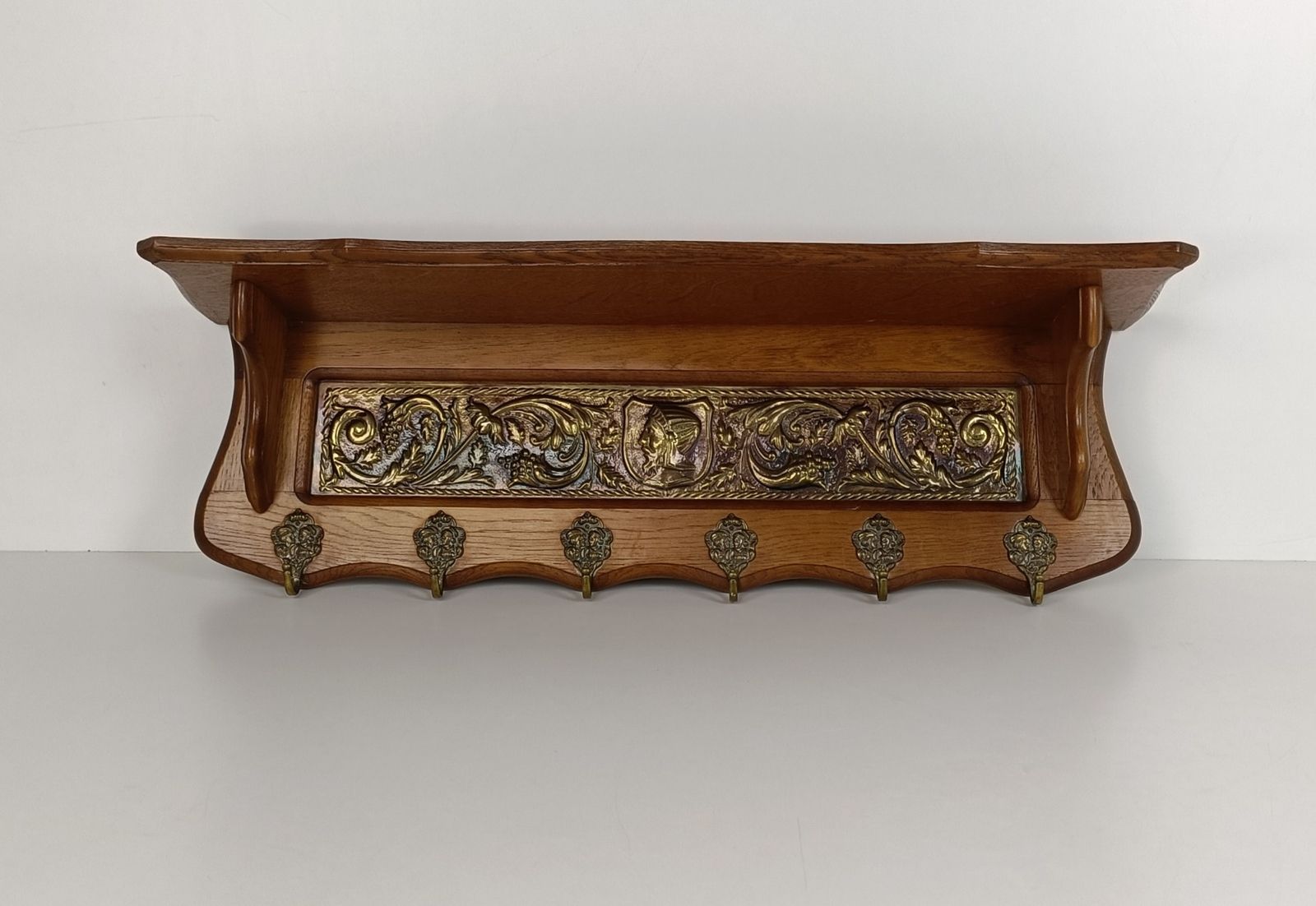 Antique Carved Wooden Coat Hat Rack Kitchen Rack Brass Plaque Grapes Bacchus photo furniture