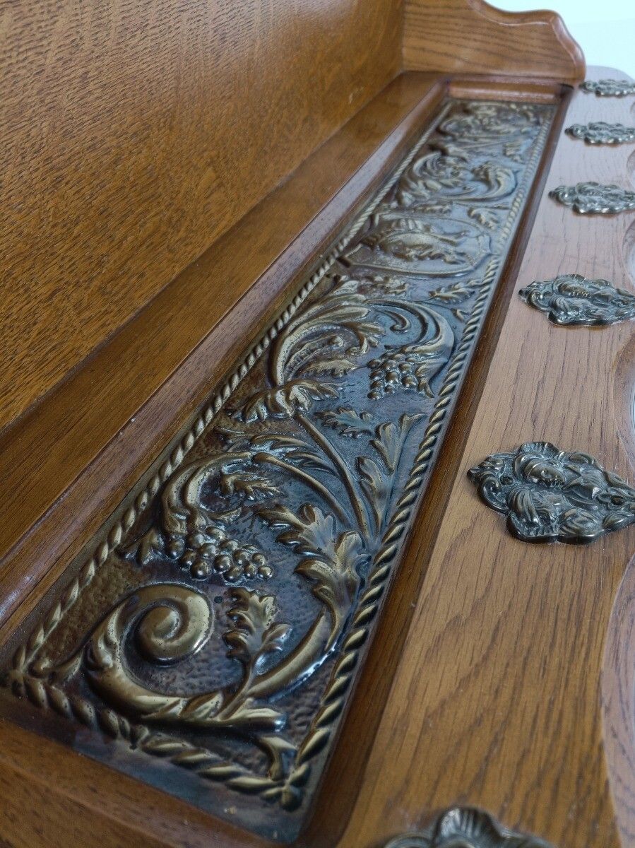 photo for sale Antique Carved Wooden Coat Hat Rack Kitchen Rack Brass Plaque Grapes Bacchus