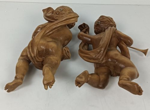 Pair Carved Wooden Angels Figurines Wall Hanging Musicians Flute Harp, Putti Gor photo for sale