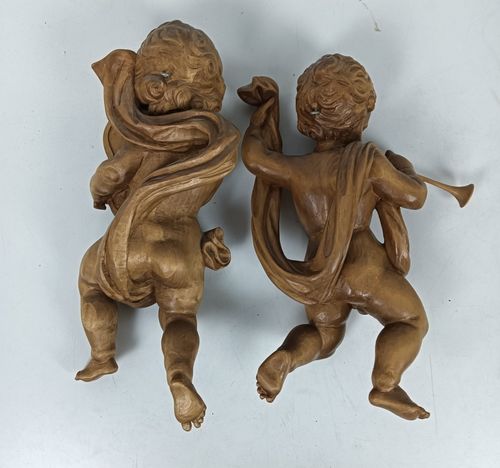 Pair Carved Wooden Angels Figurines Wall Hanging Musicians Flute Harp, Putti Gor photo buy