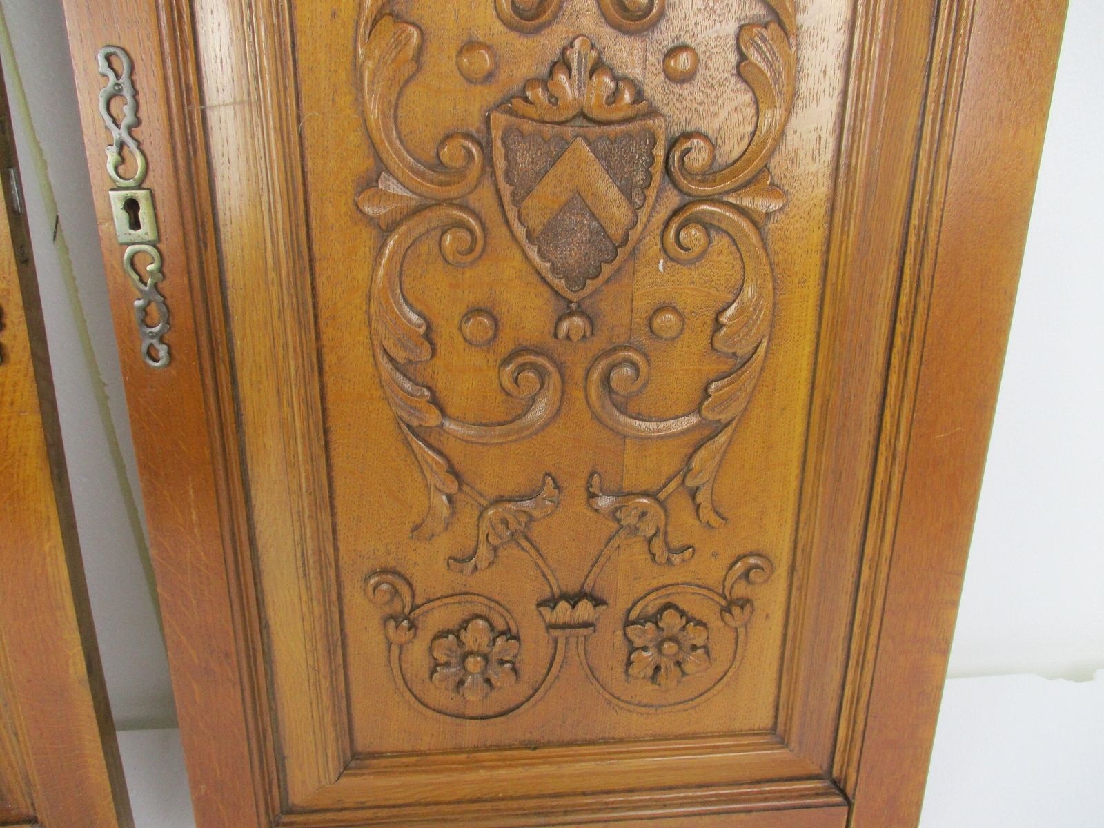 Pair  Hand Carved Wooden  Door Panels Reclaimed Architectural Medieval Style Flo photo 241.0