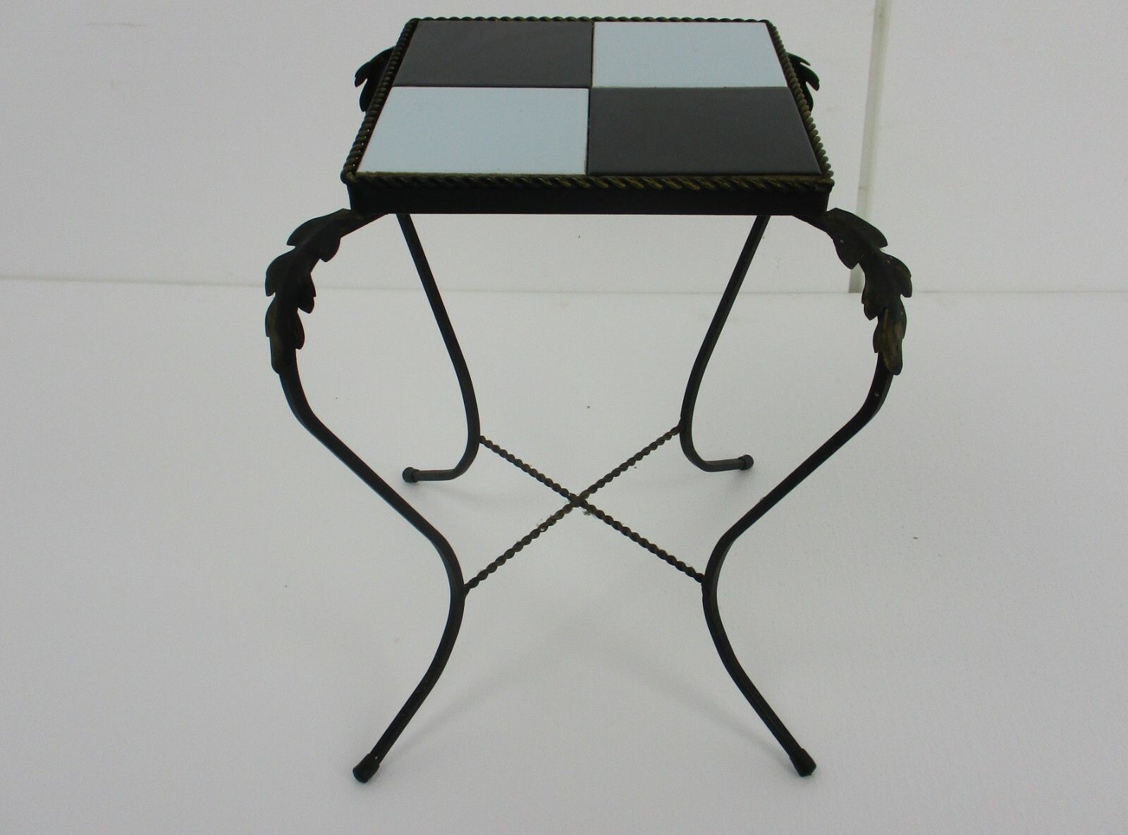 Retro Small Side Table Plant Stand Mosaic Tiles Checkered Pattern Wrought Iron photo furniture