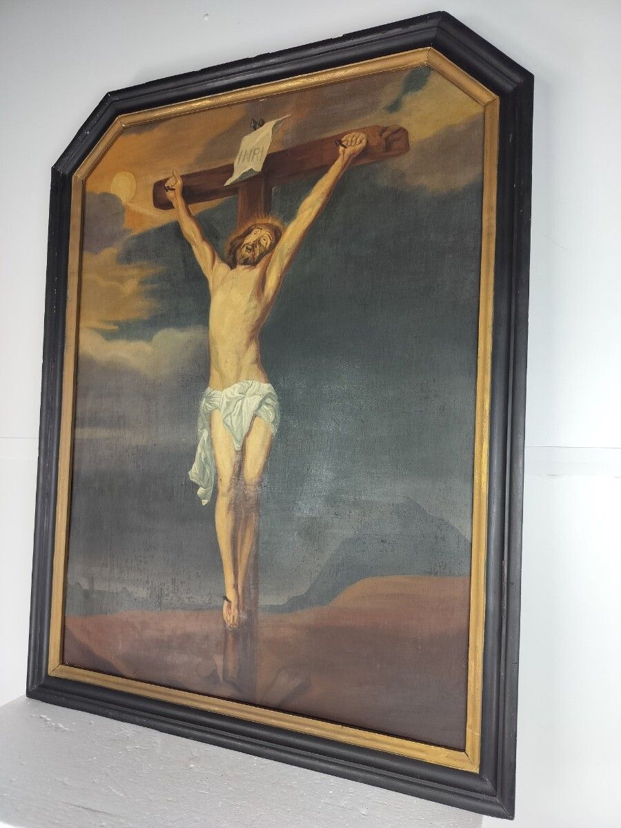 Very Large Antique Painting Oil On Wooden Panel Crucifixion After Antoon Van Dyc photo for sale