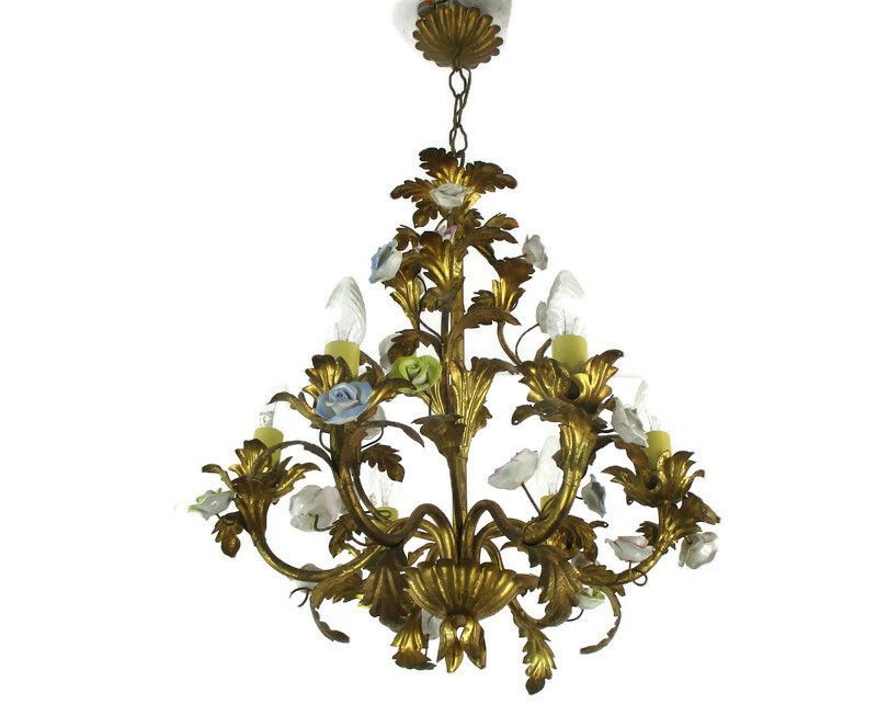 Regency Chandelier 6 Arm Lights Ornate Brass Leafs  Porcelain Flowers Italian