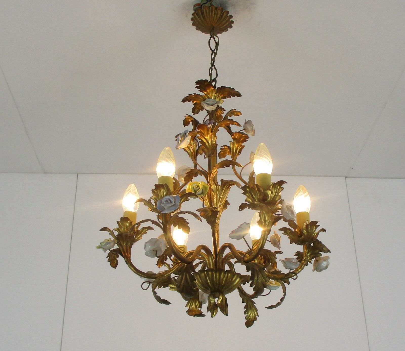 Regency Chandelier 6 Arm Lights Ornate Brass Leafs  Porcelain Flowers Italian photo furniture