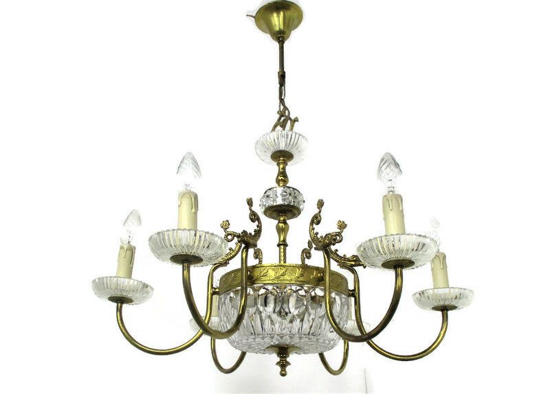 French Chandelier Ornate Brass Crystal Prisms Hollywood Regency Fish Wow 8 Light