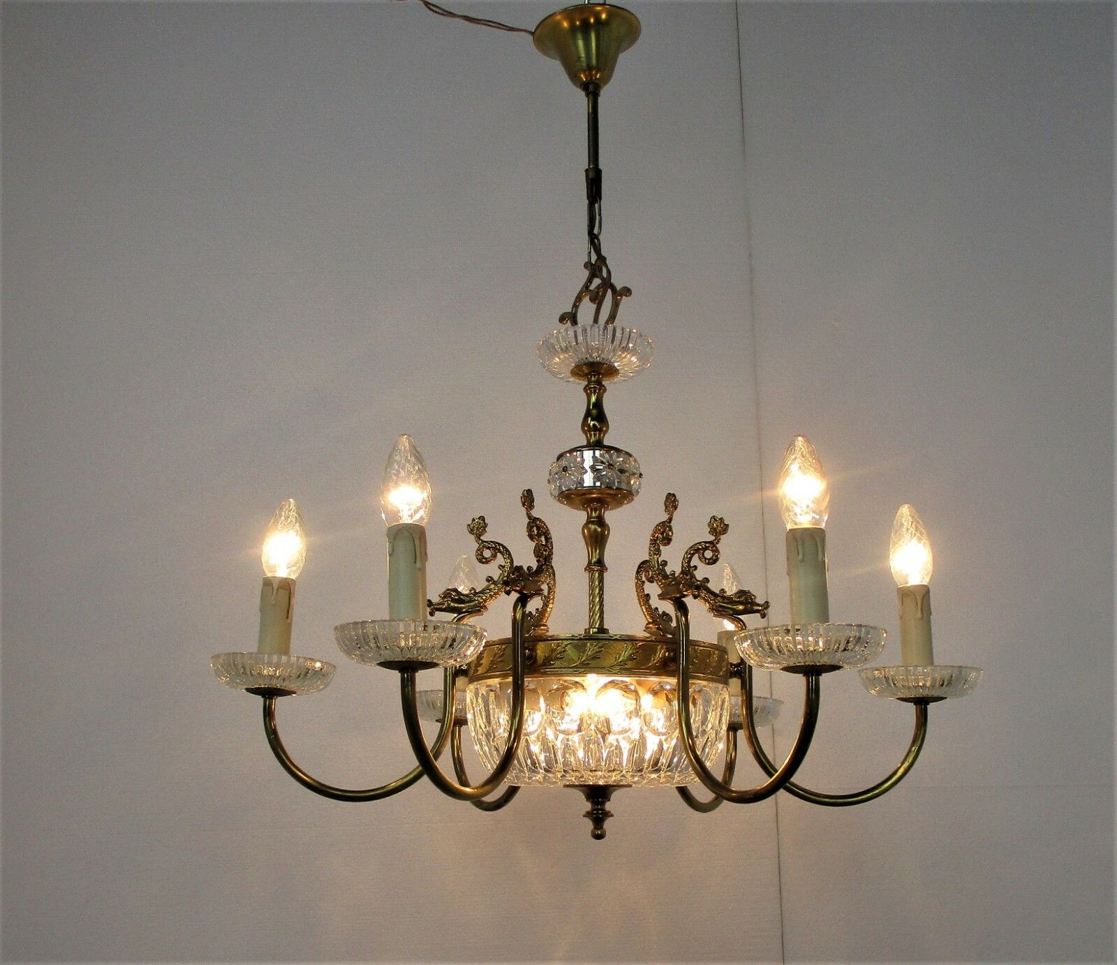 French Chandelier Ornate Brass Crystal Prisms Hollywood Regency Fish Wow 8 Light photo Lighting