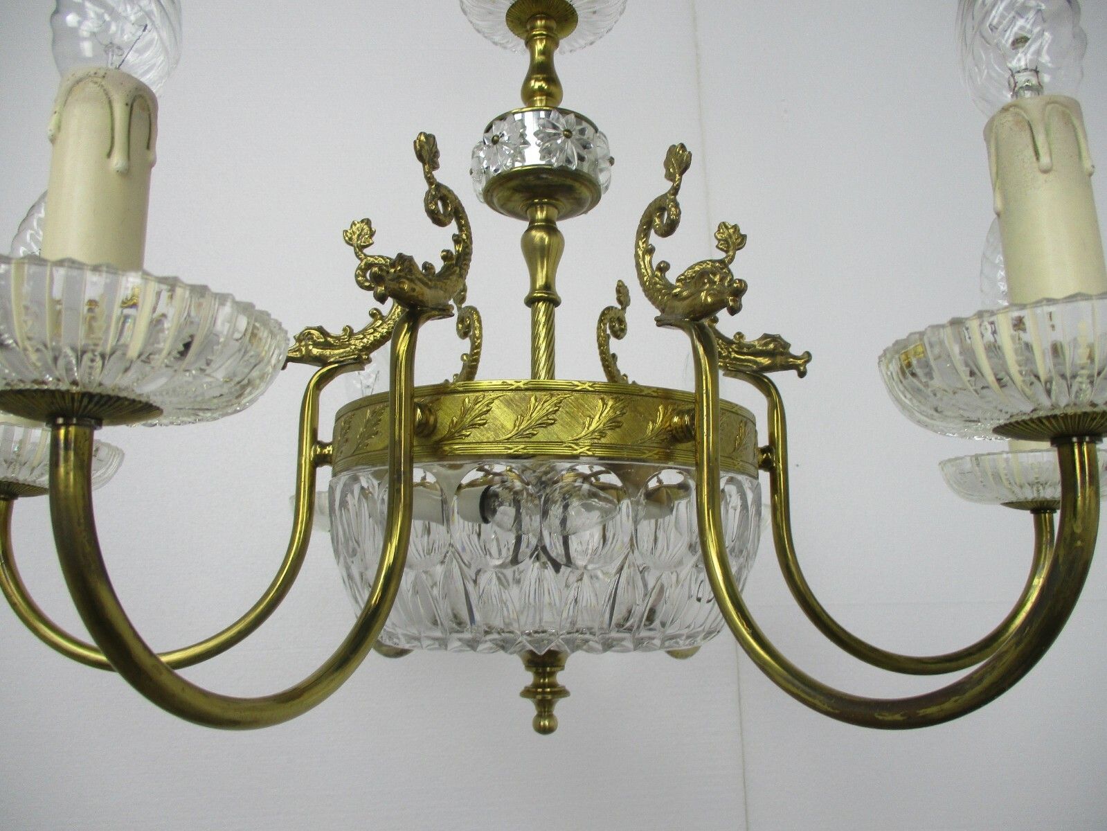 French Chandelier Ornate Brass Crystal Prisms Hollywood Regency Fish Wow 8 Light photo buy