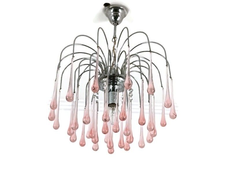 Murano Pink Art Glass Teardrop Prisms Chandelier Italy 1 Light Pendant Lovely VI