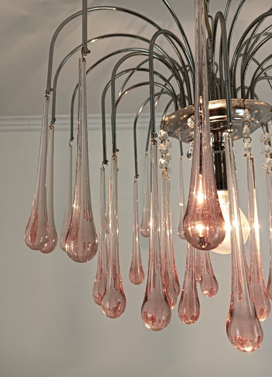 photo buy Murano Pink Art Glass Teardrop Prisms Chandelier Italy 1 Light Pendant Lovely VI