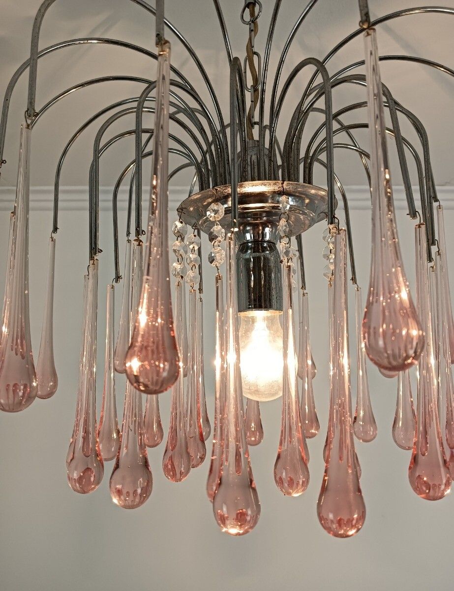 photo vintage Murano Pink Art Glass Teardrop Prisms Chandelier Italy 1 Light Pendant Lovely VI