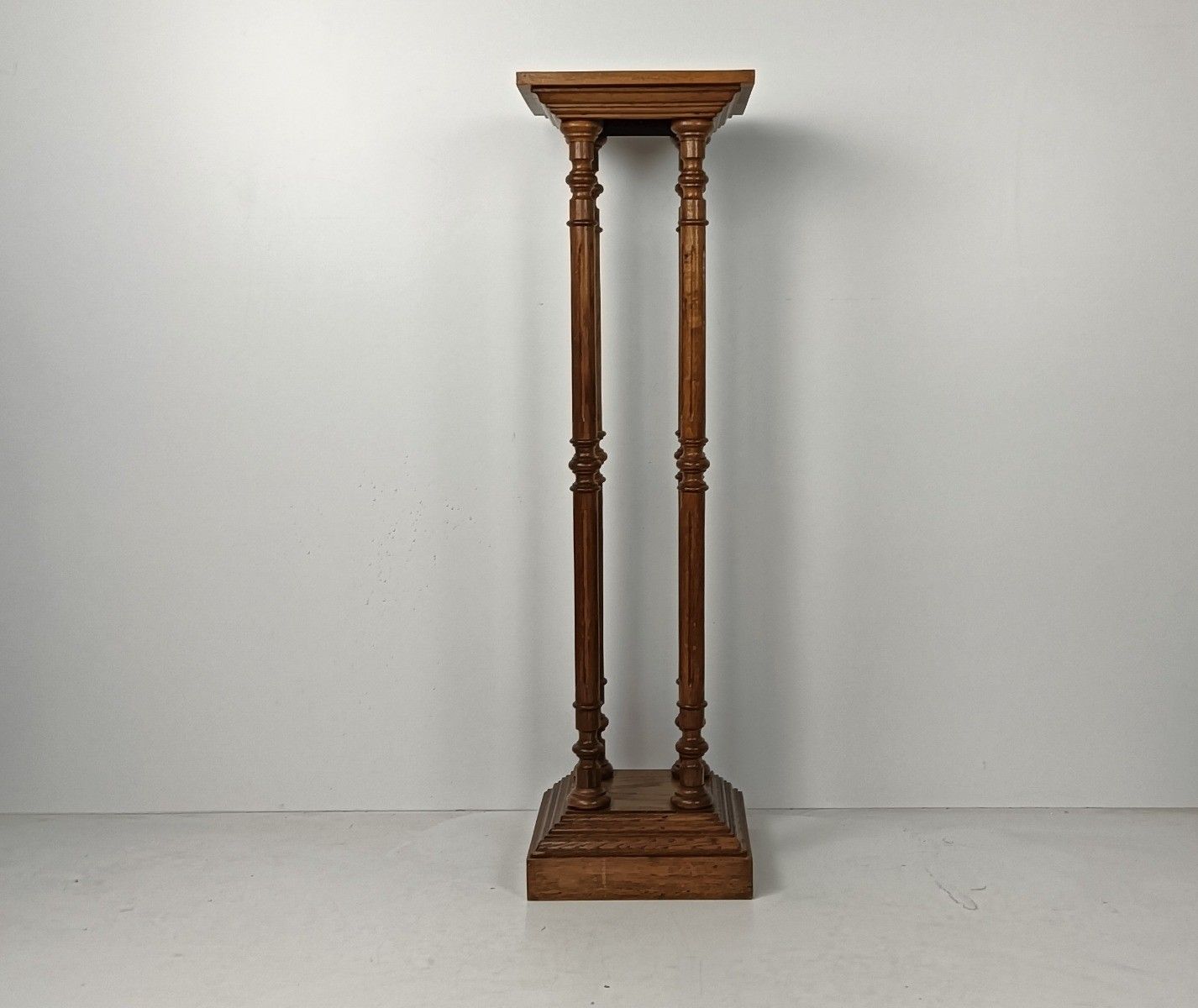 Tall Stylish Pedestal Pillar Plant Stand Side Table Vintage Carved Wood 4 Stems photo for sale