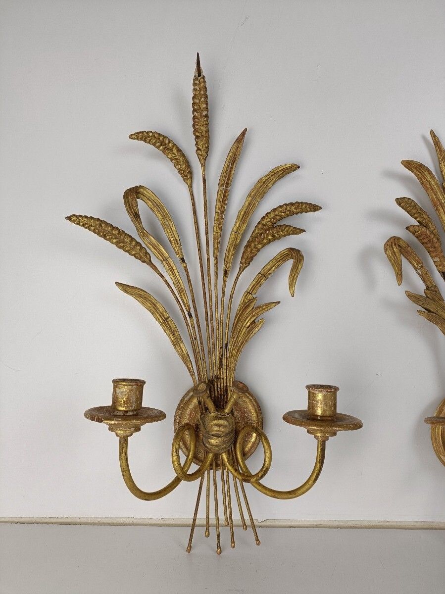 Pair Of Metal Plaster Hollywood Regency Wall Sconces Double Candle Holders Sheat photo for sale