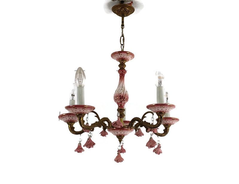 Chandelier Pink Porcelain Flower Prisms Brass Vintage Romantic 5 Arm 5 Lights