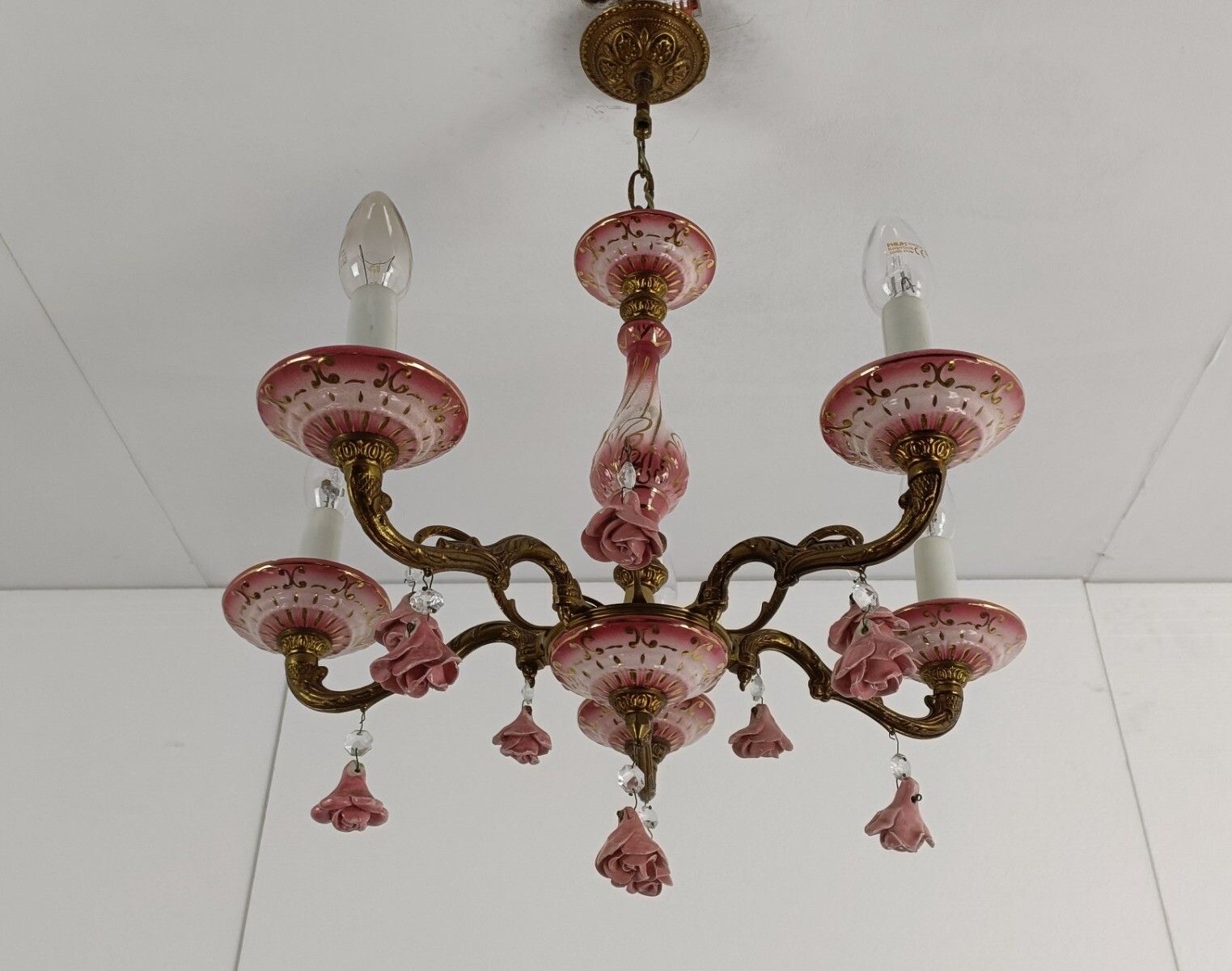 Chandelier Pink Porcelain Flower Prisms Brass Vintage Romantic 5 Arm 5 Lights photo vinterior