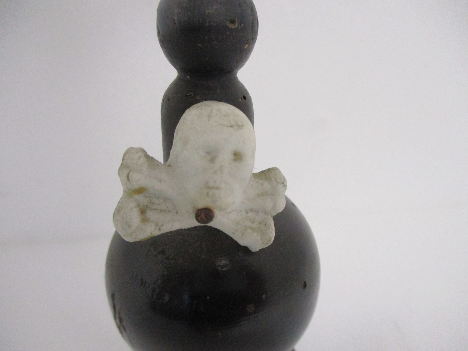 Antique Dark Carved Wood Table Standing Crucifix Round Base  Bobbin  Porcelain A photo for sale