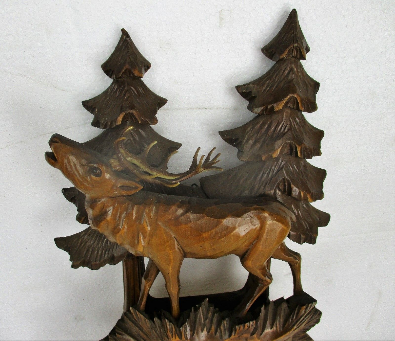Hand Carved Wood Barometer Thermometer Weather Station Black Forest Deer Hunter photo for sale