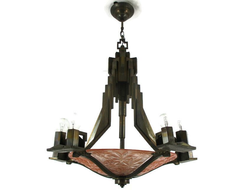 Art Nouveau  15!!  Lights Chandelier Lamp Art Deco Pink Glass Flower Shade Wow