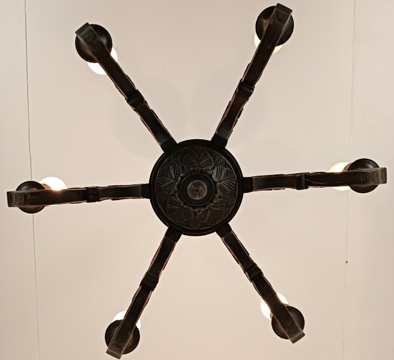 Hand Carved Wood Wooden Chandelier Fixture 6 Lights Lovely Barn Farmhouse Countr photo Lighting