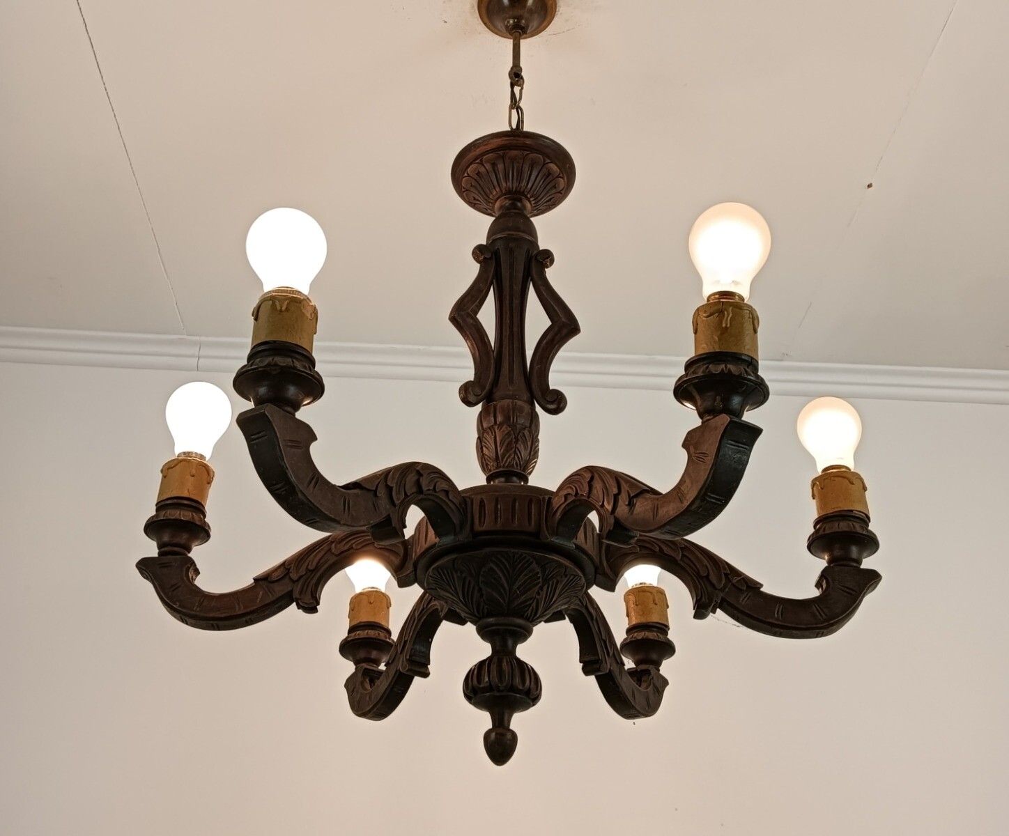 Hand Carved Wood Wooden Chandelier Fixture 6 Lights Lovely Barn Farmhouse Countr photo vintage