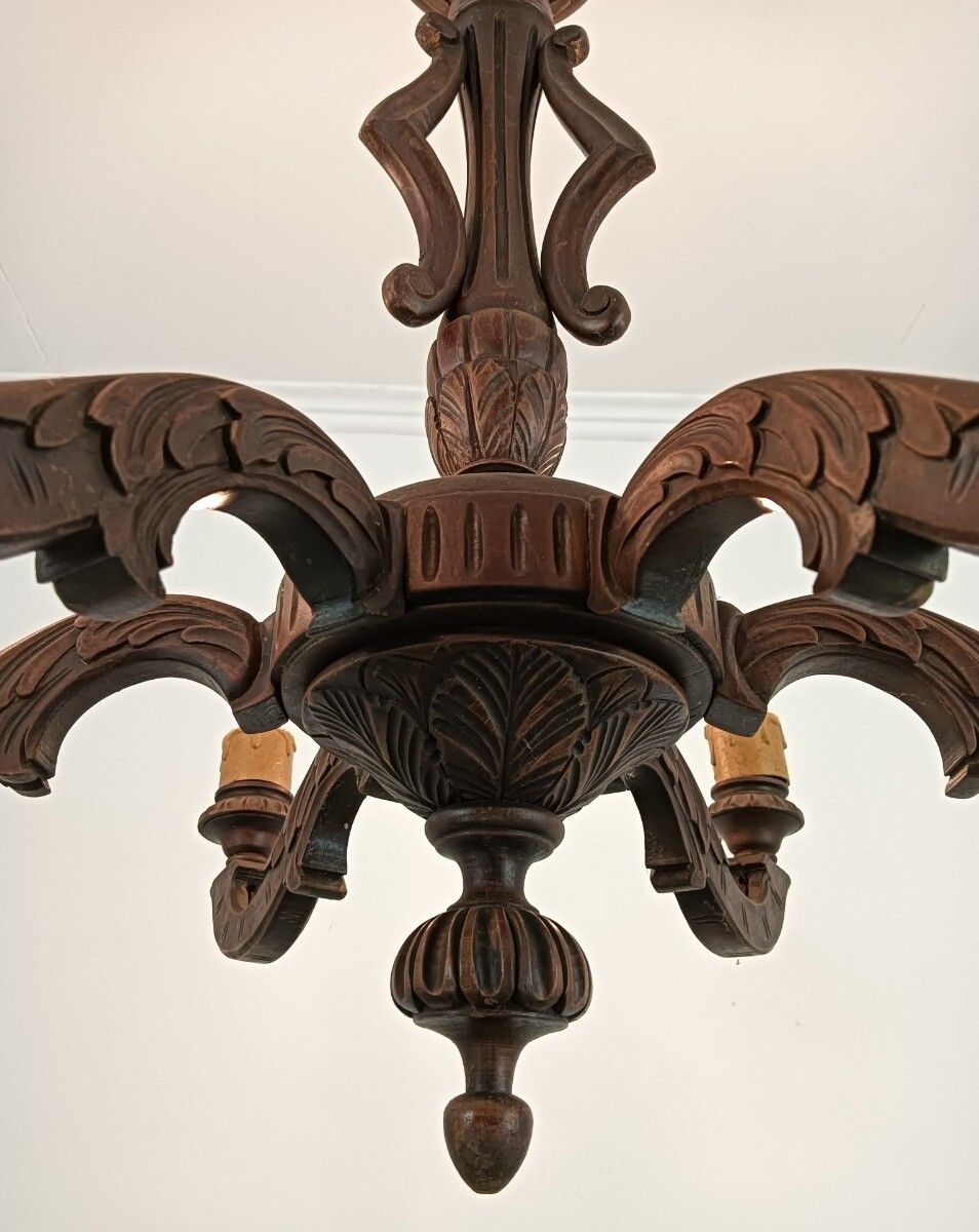 photo for sale Hand Carved Wood Wooden Chandelier Fixture 6 Lights Lovely Barn Farmhouse Countr