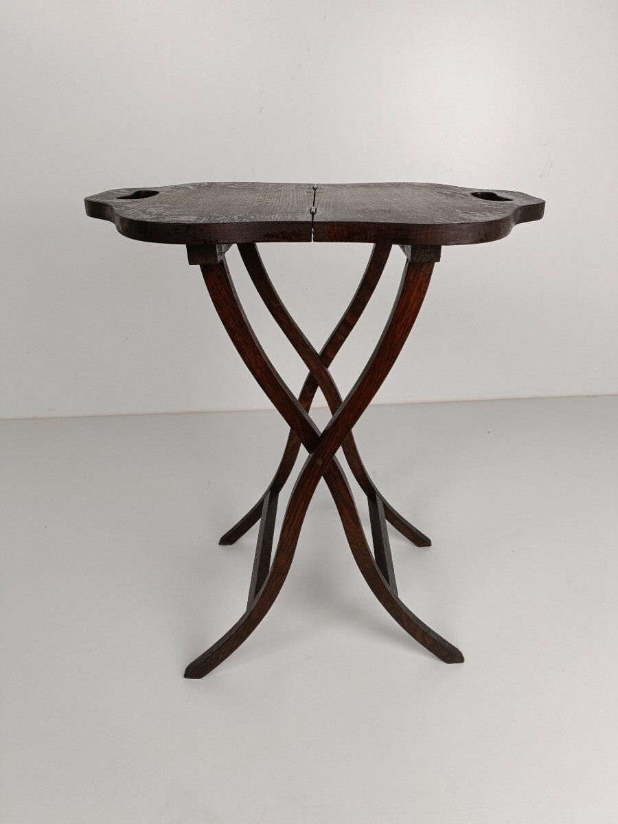 Funky Antique Stool Table Foldable Carved Wood Handles Occasional Butler Table photo for sale
