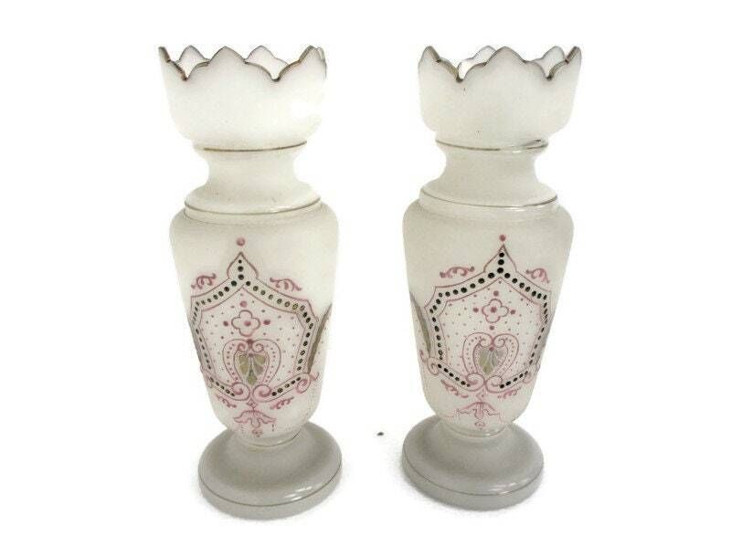 Couple Vintage Mid Century Modern Opaline Cased Hand Blown Glass Vases Enamel Lo