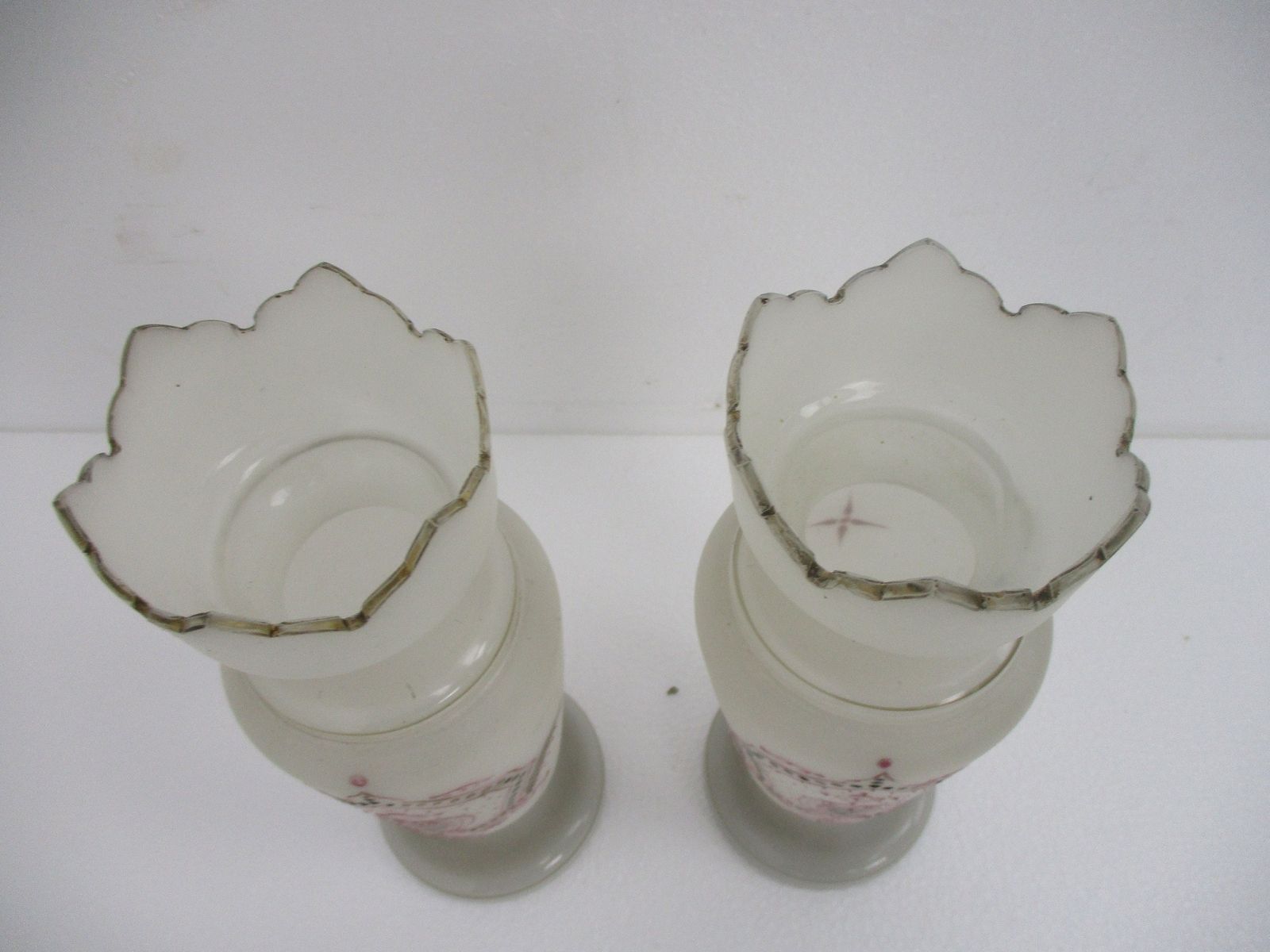 Couple Vintage Mid Century Modern Opaline Cased Hand Blown Glass Vases Enamel Lo photo for sale