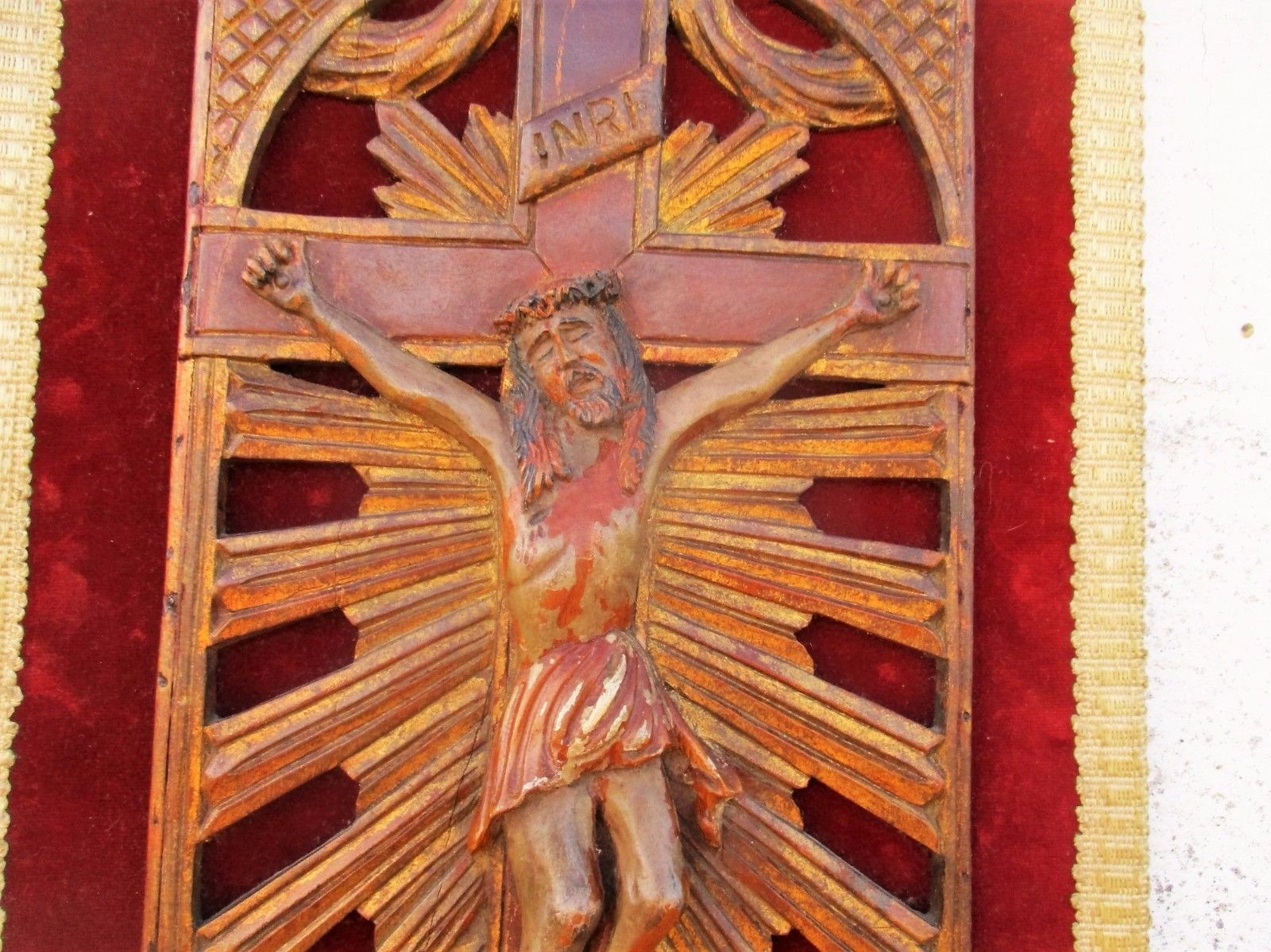 Antique Wall Hanging 18th Century Jesus Christ Crucifix Wood On Velvet Gorgeous photo Art