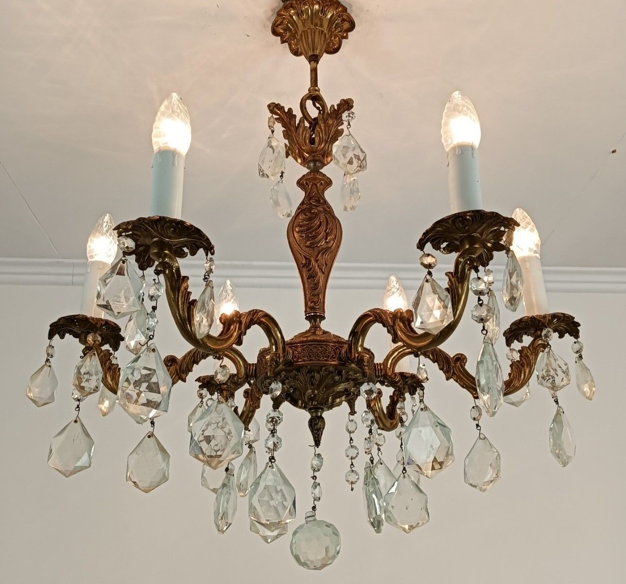 Lovely Vintage Chandelier French Hollywood Regency Style Brass Art Glass Prisms photo 364.0