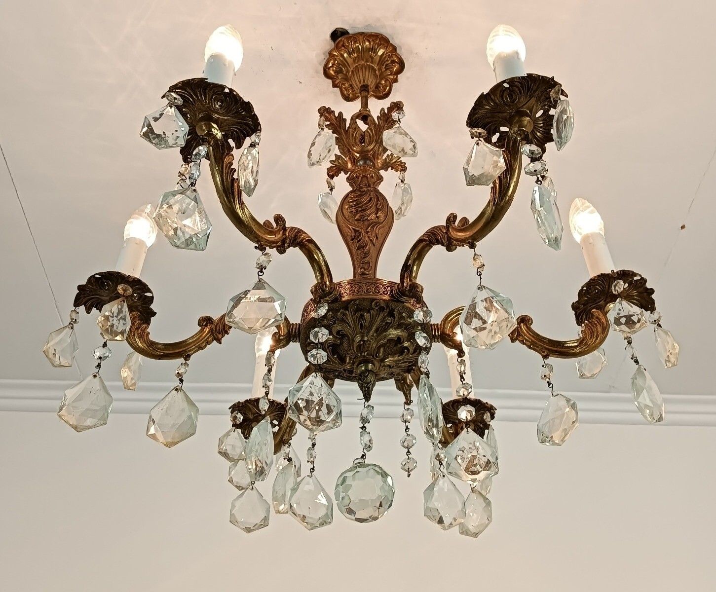 Lovely Vintage Chandelier French Hollywood Regency Style Brass Art Glass Prisms photo vintage