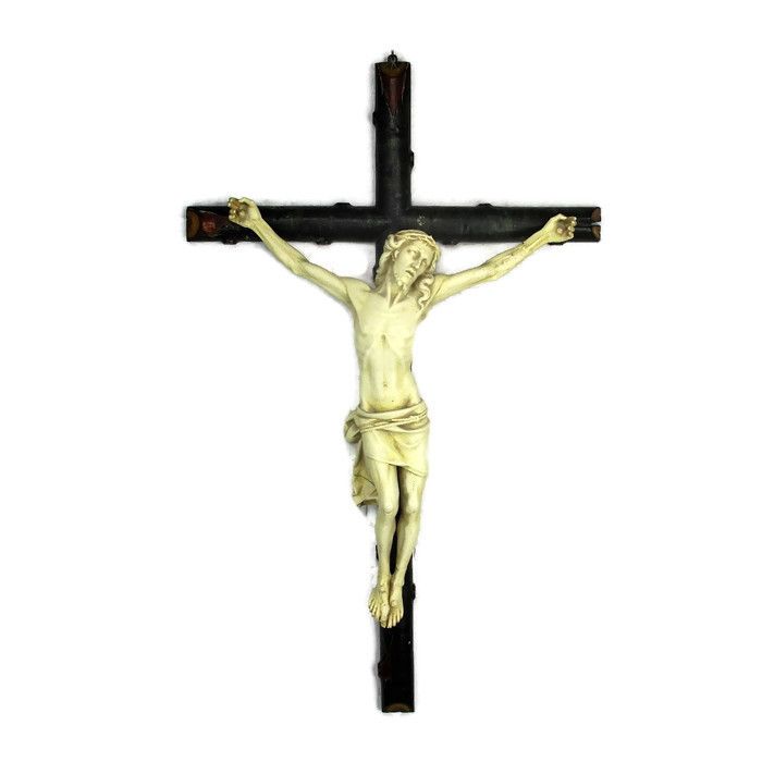 Xl  Hanging Wall Crucifix Wood Plaster Art Nouveau Corpus Christi Wow 38.97"