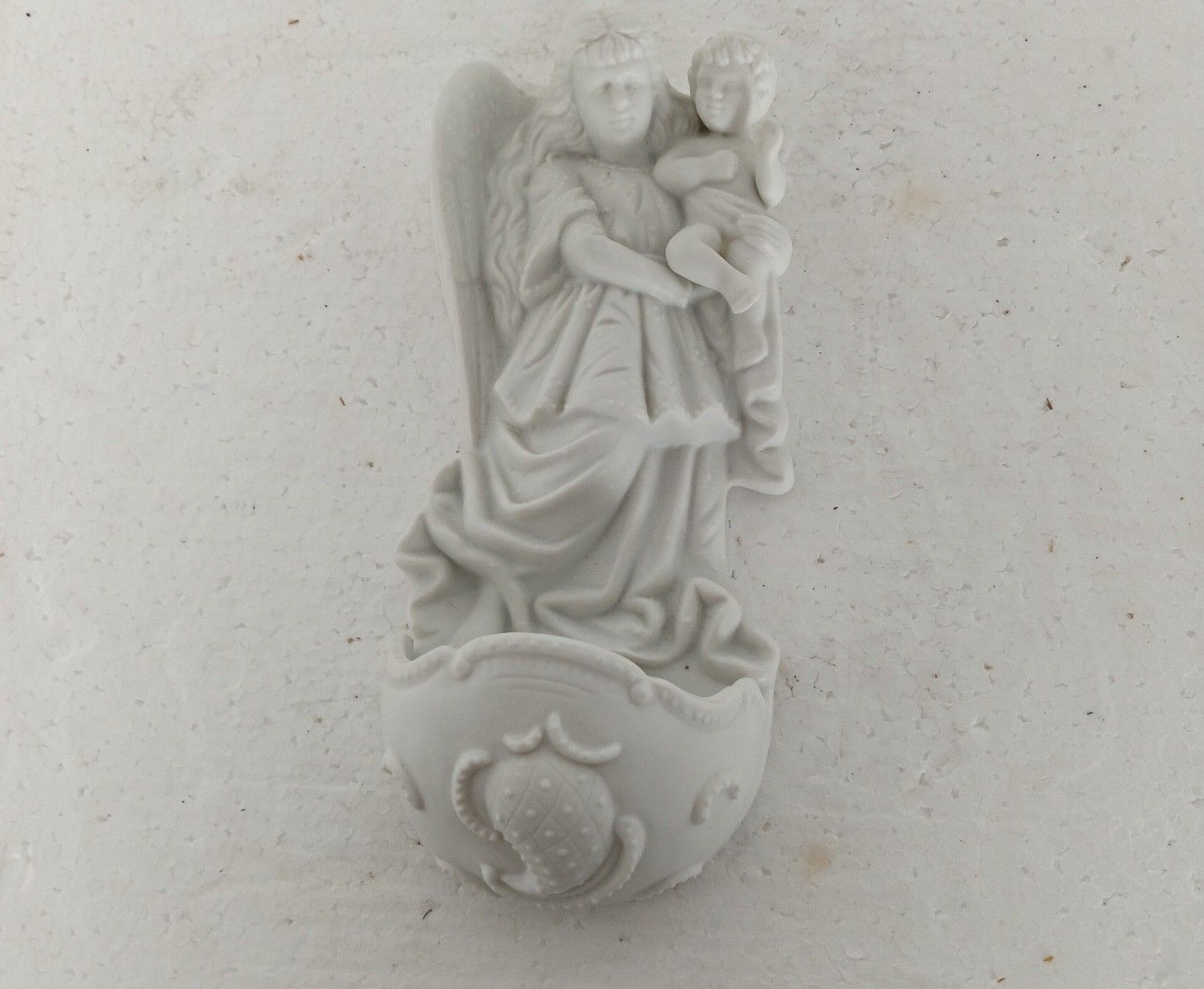 Beautiful Bisque Porcelain Antique Holy Water Font Vessel White Angel With Infan photo 162.0