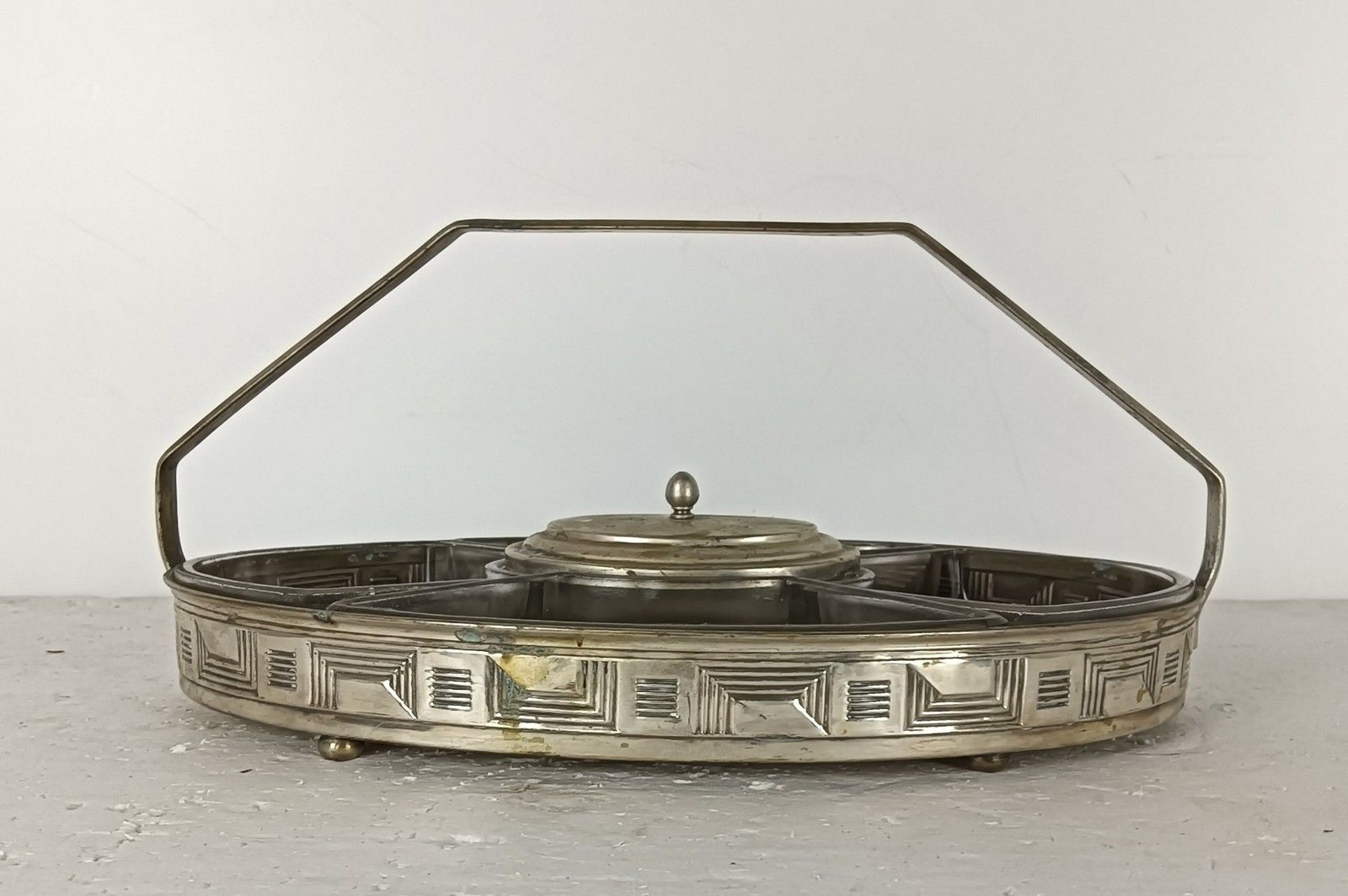 Art Deco Antique Apero Serving Dish Centerpiece Divided Silver Plated Metal Glas photo for sale