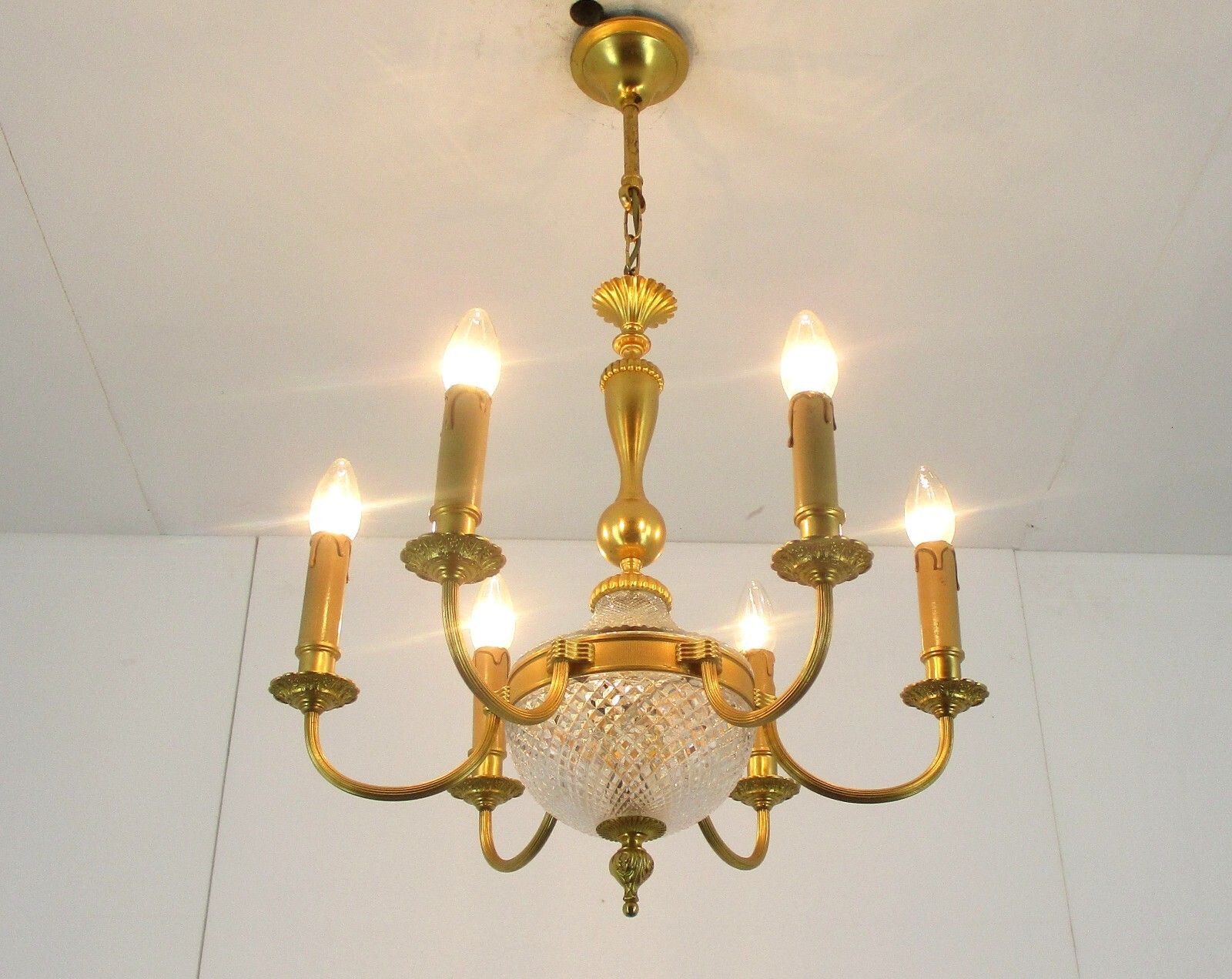Hollywood Regency 1950s Chandelier Lamp Christal Brass Small Lovely 6 Lights Arm photo furniture
