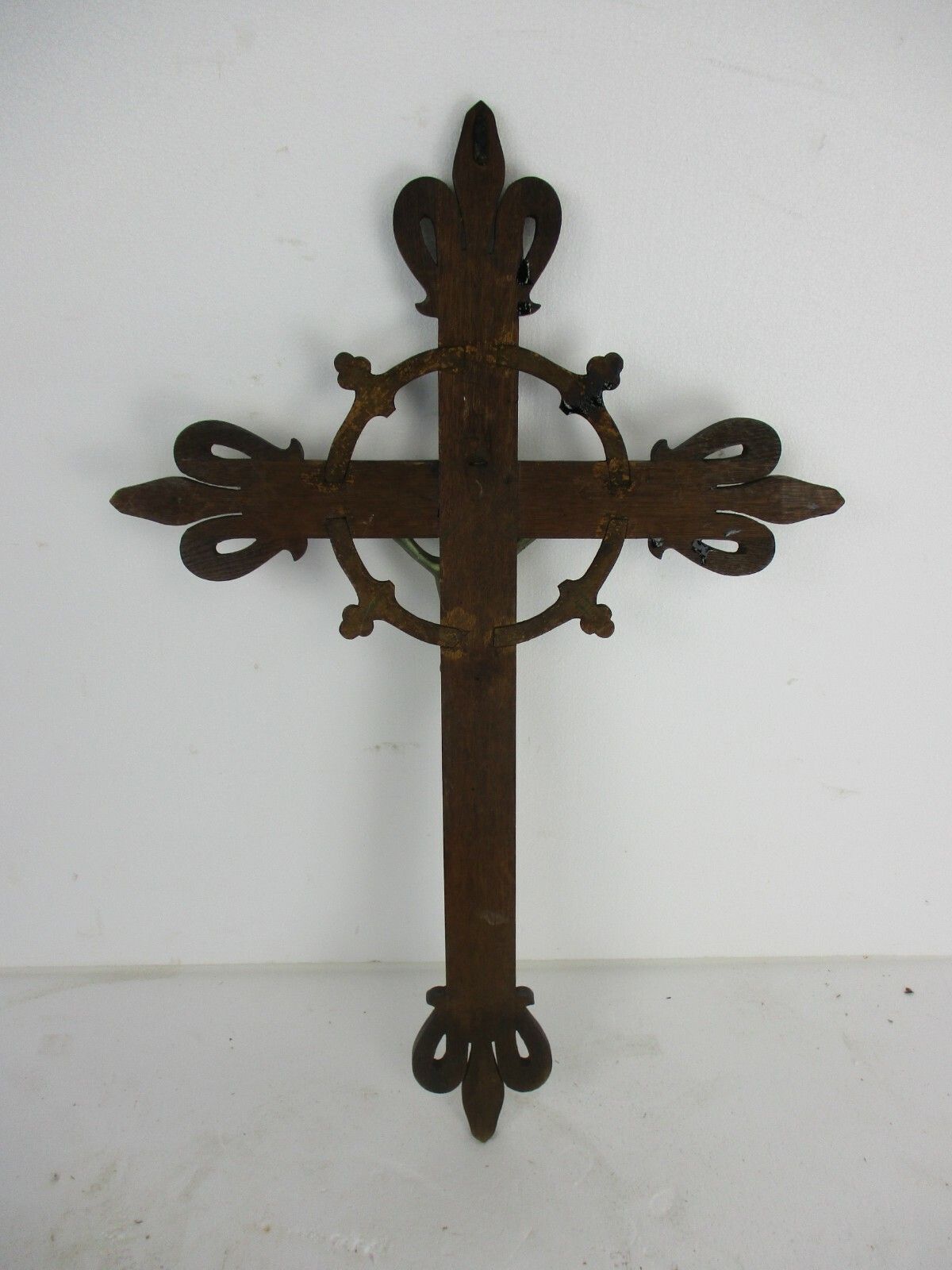 Xl Hand Carved Wood French Hanging Ornate Crucifix Jesus Christ Fleur De Lis photo vintage