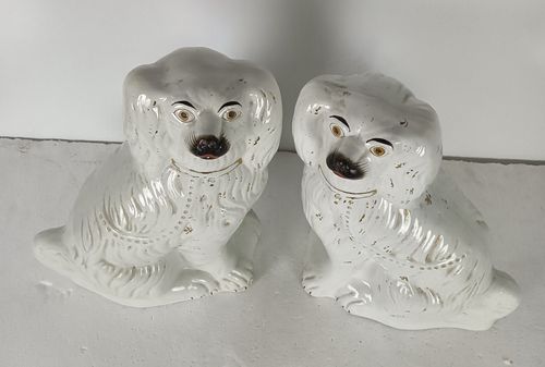 Antique Couple Pair Staffordshire Mantlepiece Wally Spaniel Dogs Porcelain  Larg photo vintage