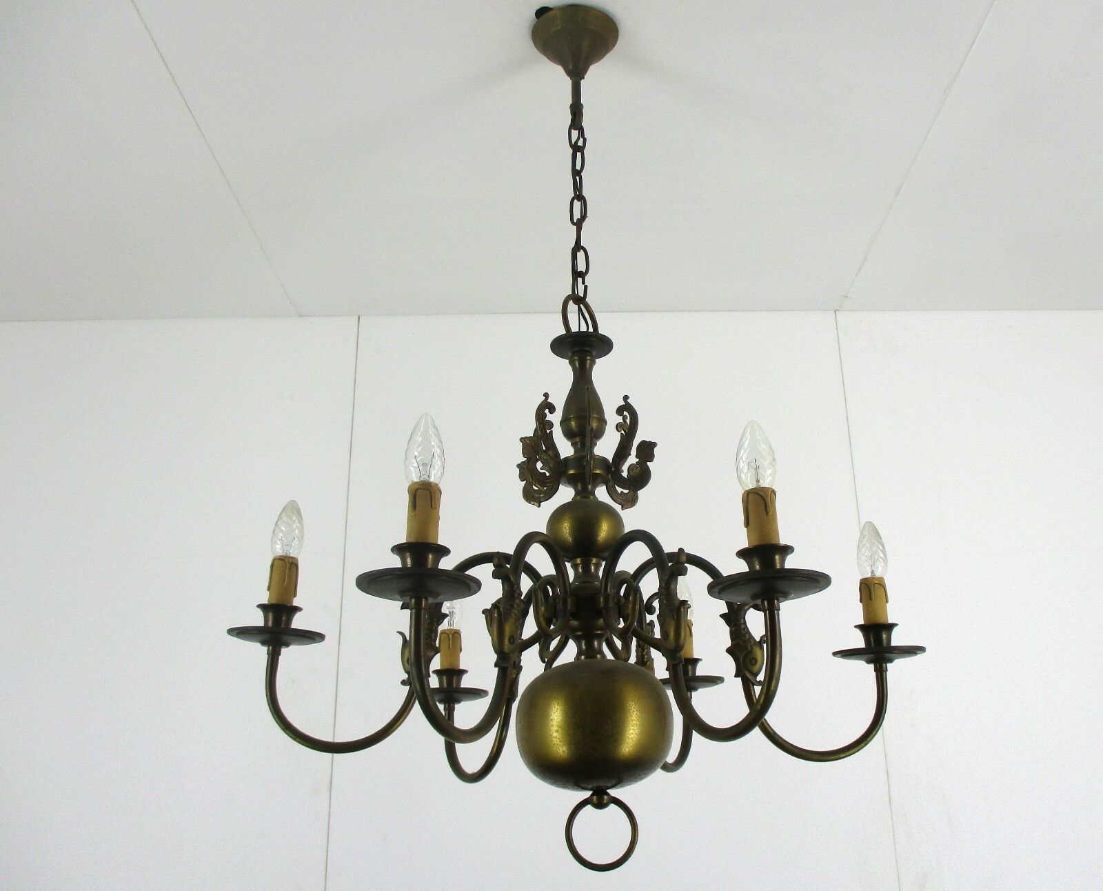 Flemish Dutch Chandelier 6 Arm Lights Brass  Fish Seahorses Countryhouse Vintage photo buy