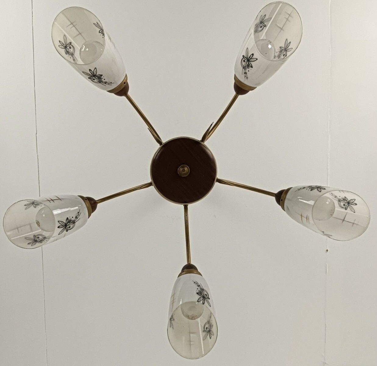 Spider Chandelier Art Glass Shades With Butterflies Teak Brass 5 Arm Vintage Pop photo Lighting