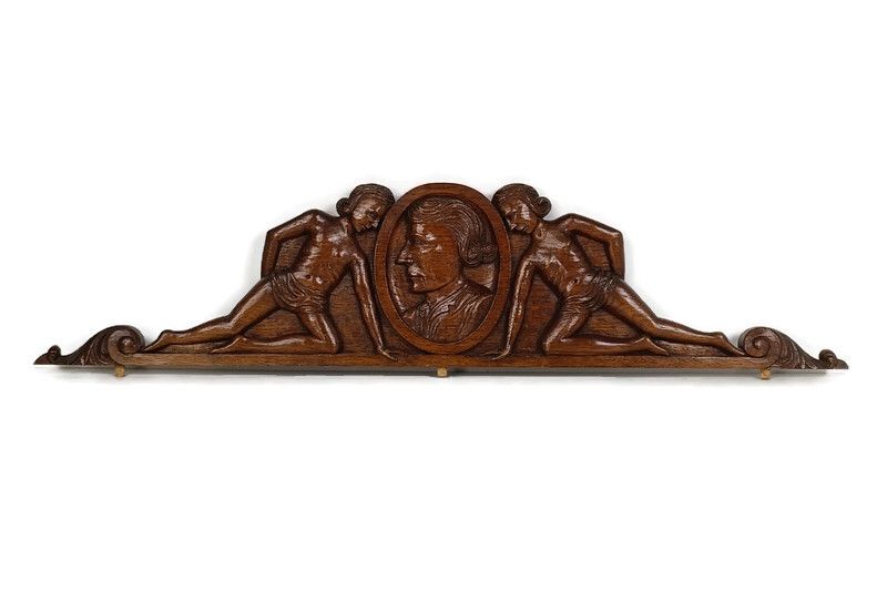 Hand Carved Wooden Pediment Over Door Architectural Antique Figurines Faces
