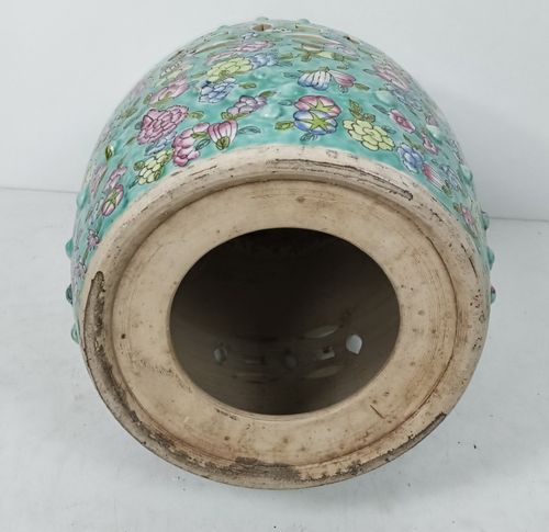 Chinese Family Rose Porcelain Green Vintage Garden Stool Seat On Wooden Base Gor photo 360.0