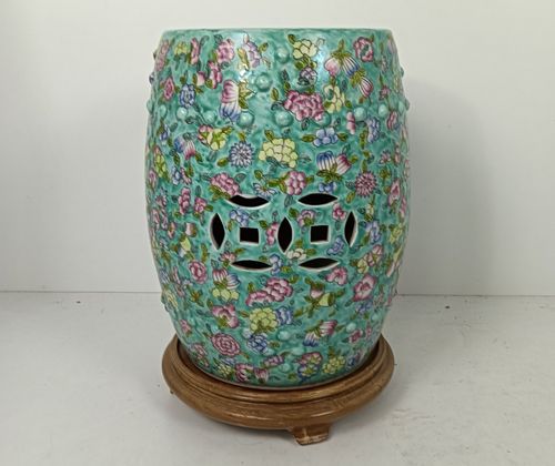 Chinese Family Rose Porcelain Green Vintage Garden Stool Seat On Wooden Base Gor photo buy