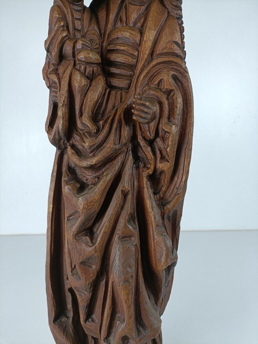 Large Hand Carved Wooden Madonna With Infant Crescent Moon Virgin Mary Sculpture photo vintage