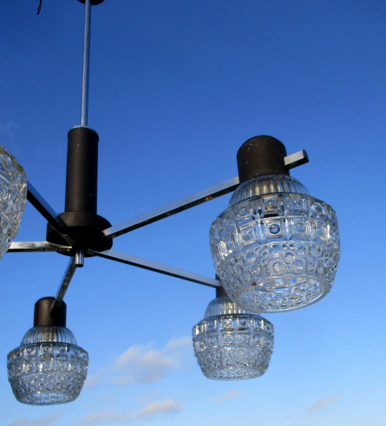 Mid Century Danish Modern Chandelier Chrome Glass Shades Vintage 5 Lights photo vinterior