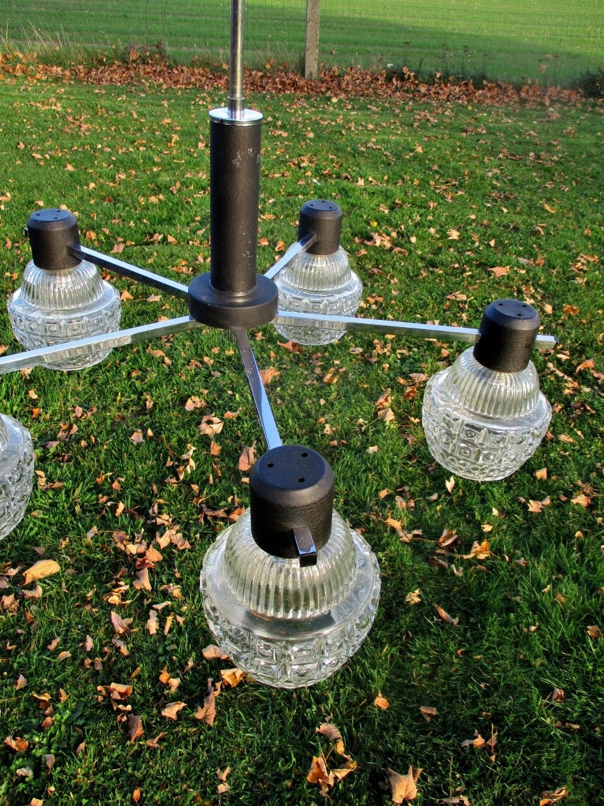 231.0 Mid Century Danish Modern Chandelier Chrome Glass Shades Vintage 5 Lights photo