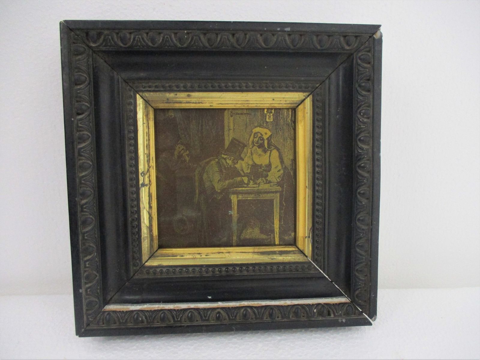 Antique Copper Engraving Breughel Style Framed Wood Resin Small photo furniture