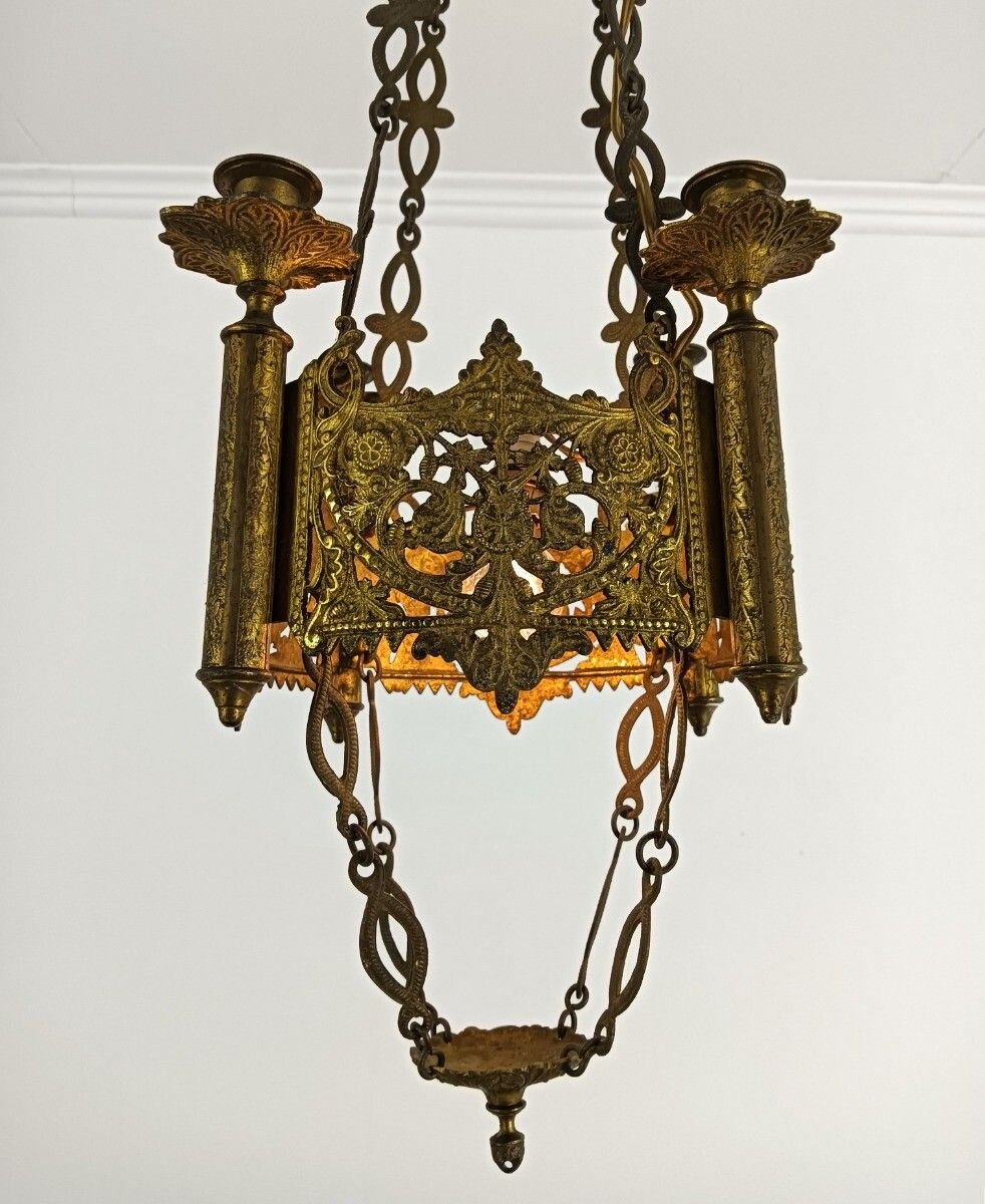 Antique Brass Dore Gods Lamp Light Ceiling Fixture Chandelier Pendant For 4 Cand photo Lighting