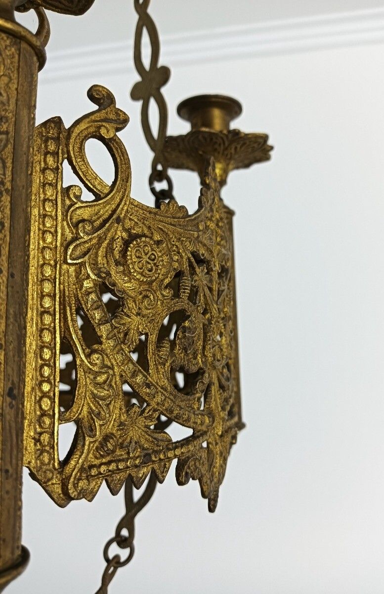 photo for sale Antique Brass Dore Gods Lamp Light Ceiling Fixture Chandelier Pendant For 4 Cand